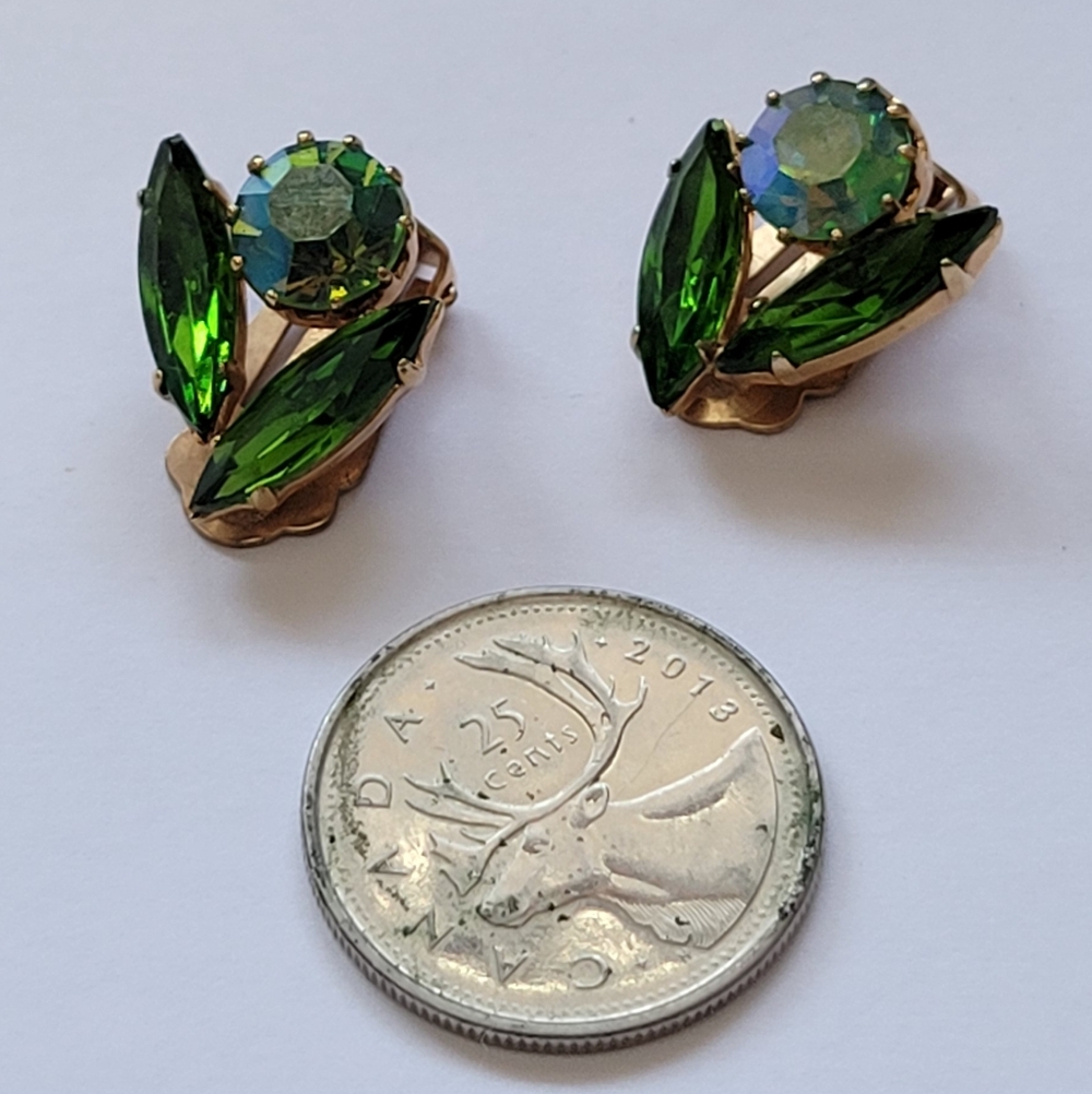 Elegant Green and Gold Clip On Earrings